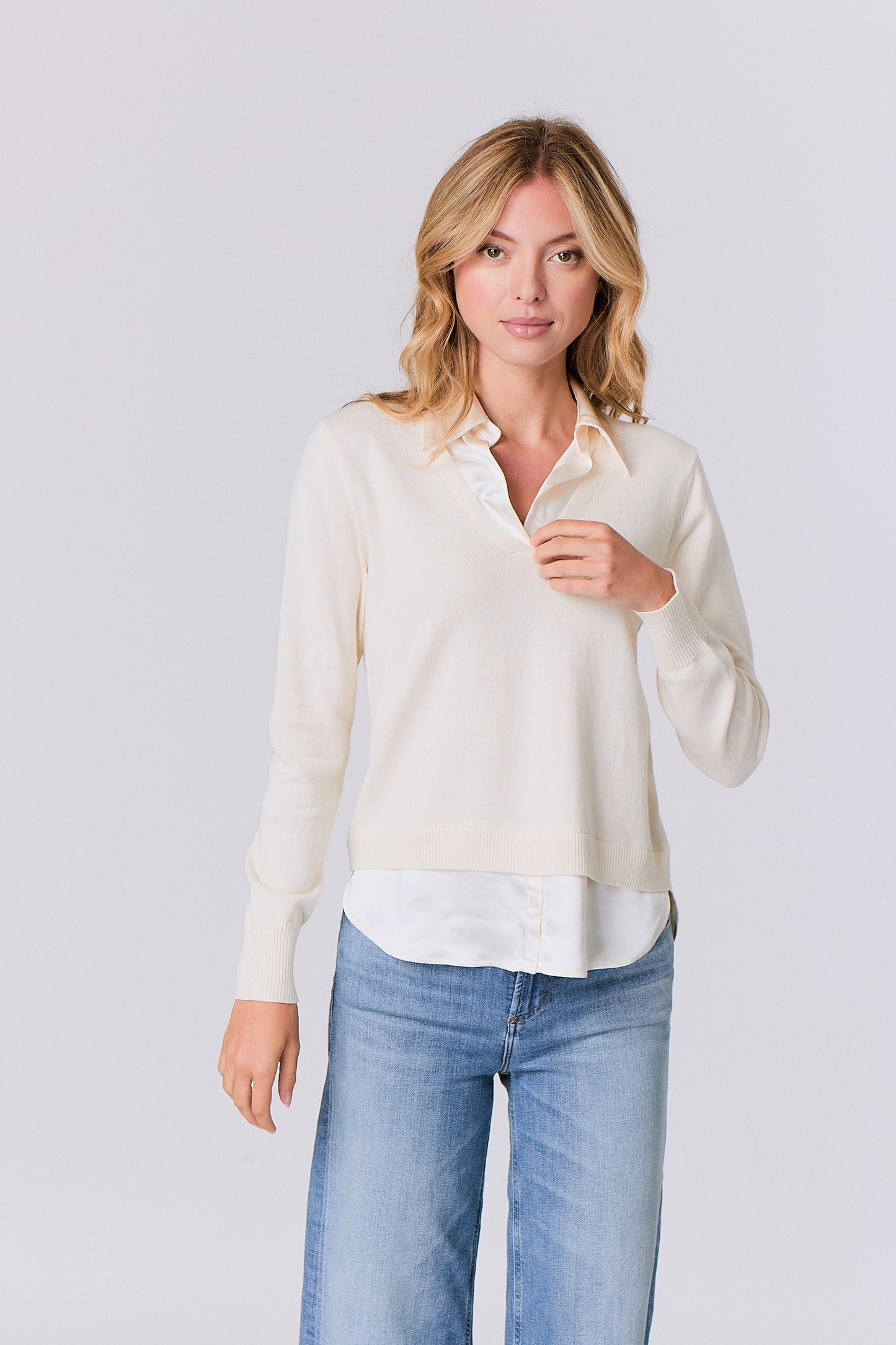 Ivory Satin Blouse Sweater Combo