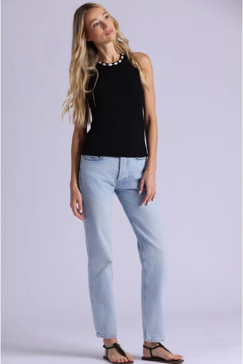 Cotton Cashmere Tank With Shell Rhinestone Trim