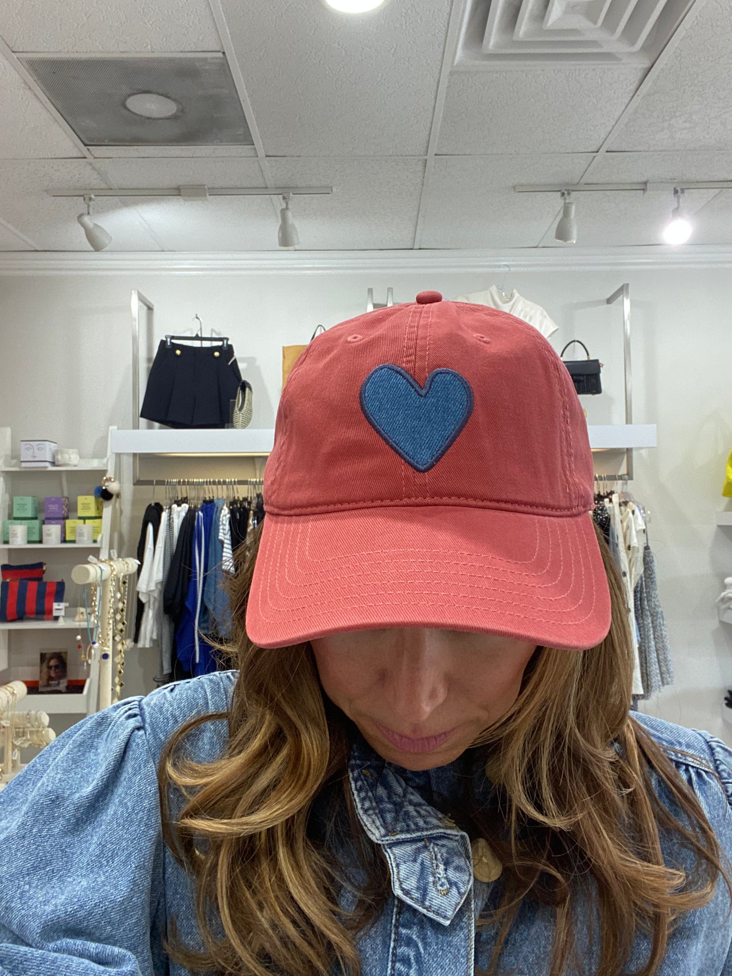 KR Baseball Poppy Red Hat Heart Patch Denim