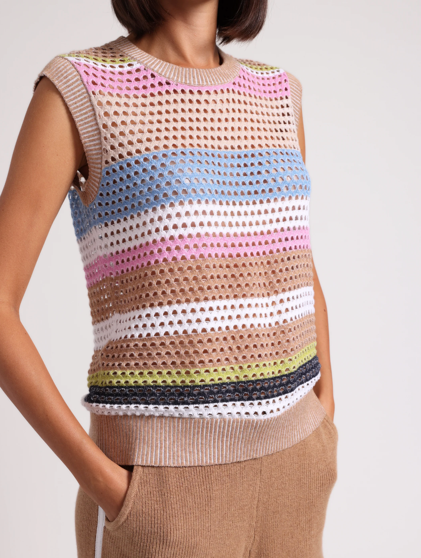 Cotton Cashmere Plaited Mesh Stripe Muscle Tank