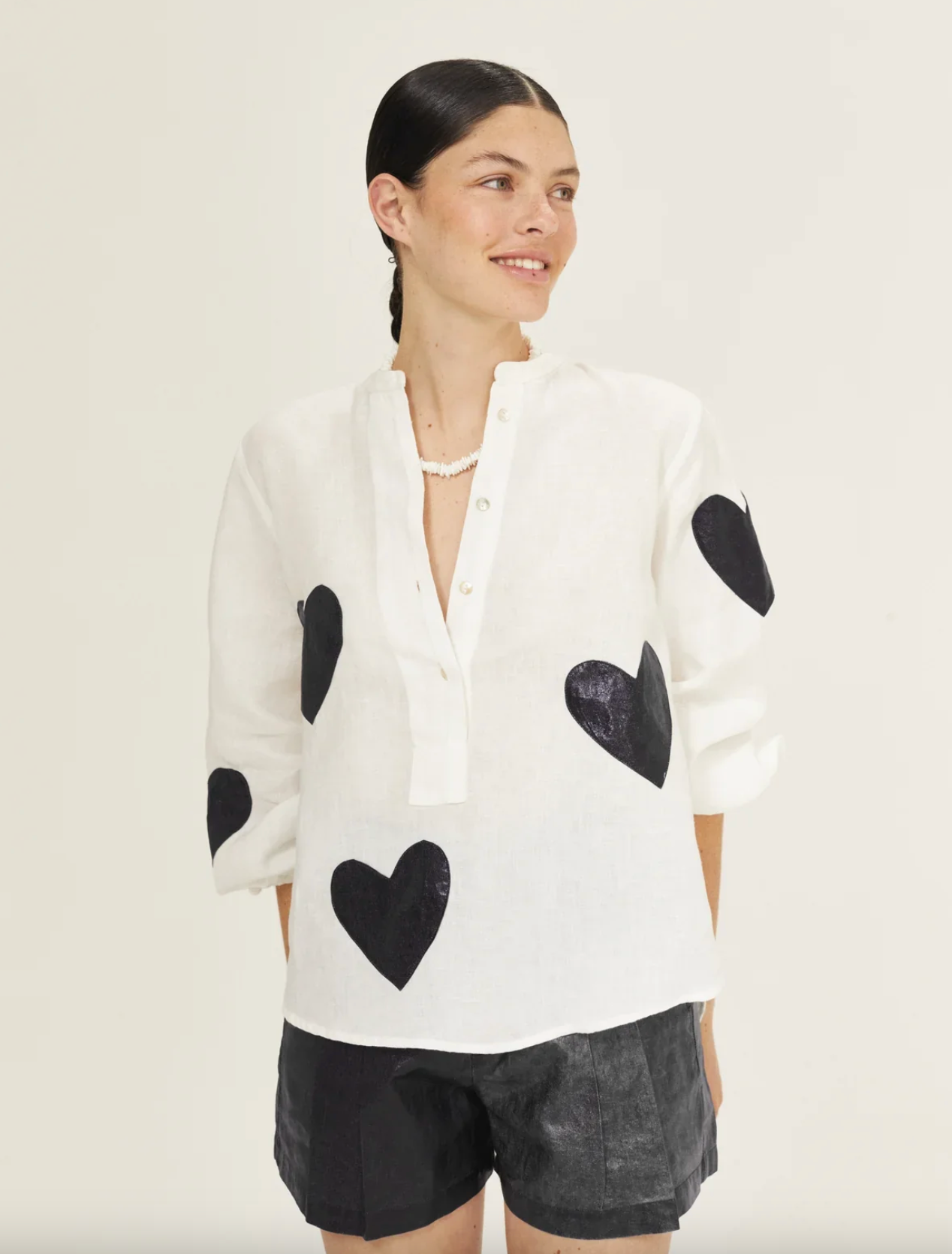 Cupid Linen Shirt Black Hearts