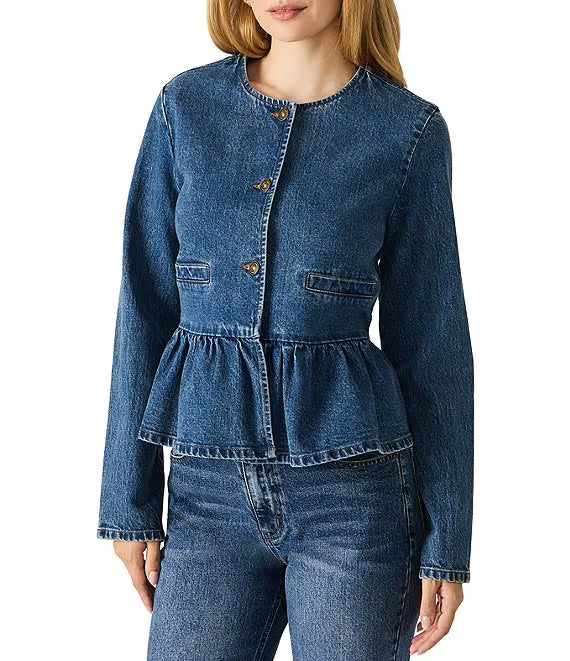 Abigale Crew Neck Long Sleeve Peplum Denim Blazer