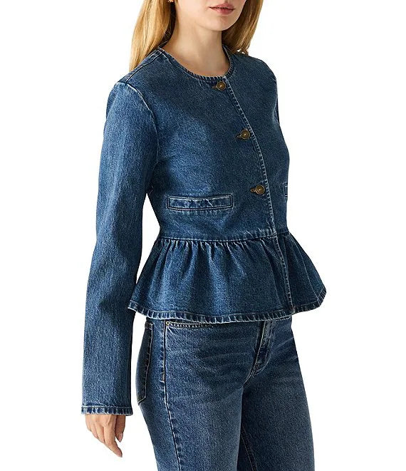 Abigale Crew Neck Long Sleeve Peplum Denim Blazer