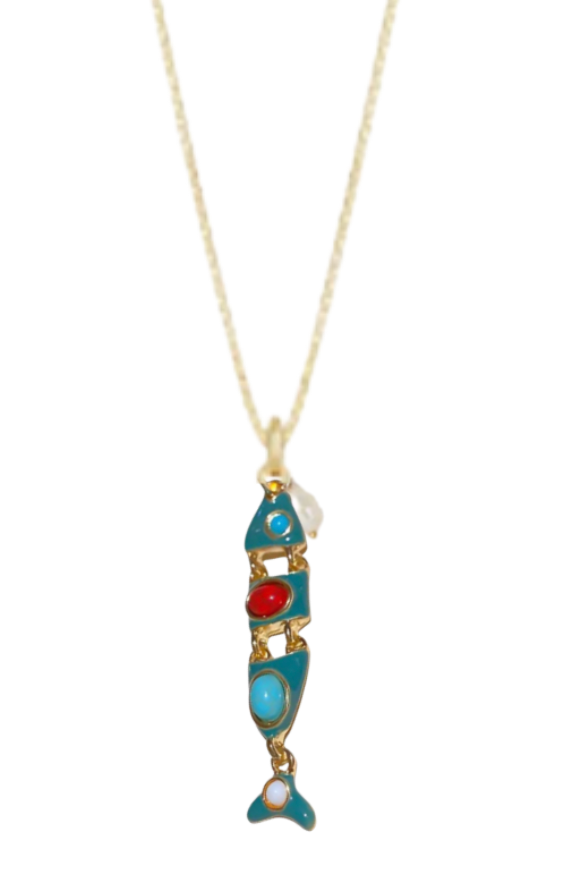Big Catch- Fish Multi Stone Necklace: Teal
