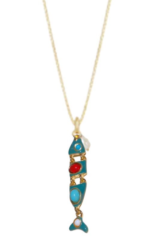 Big Catch- Fish Multi Stone Necklace: Teal