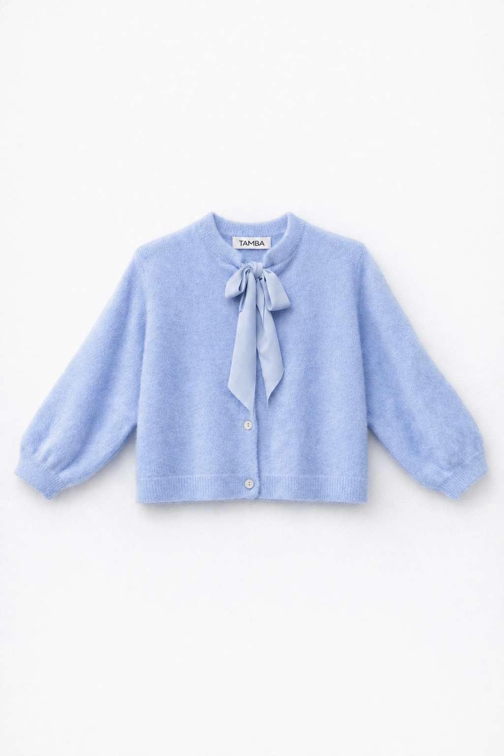 Fuzzy knit cardigan with pussy-bow collar: Lipstick