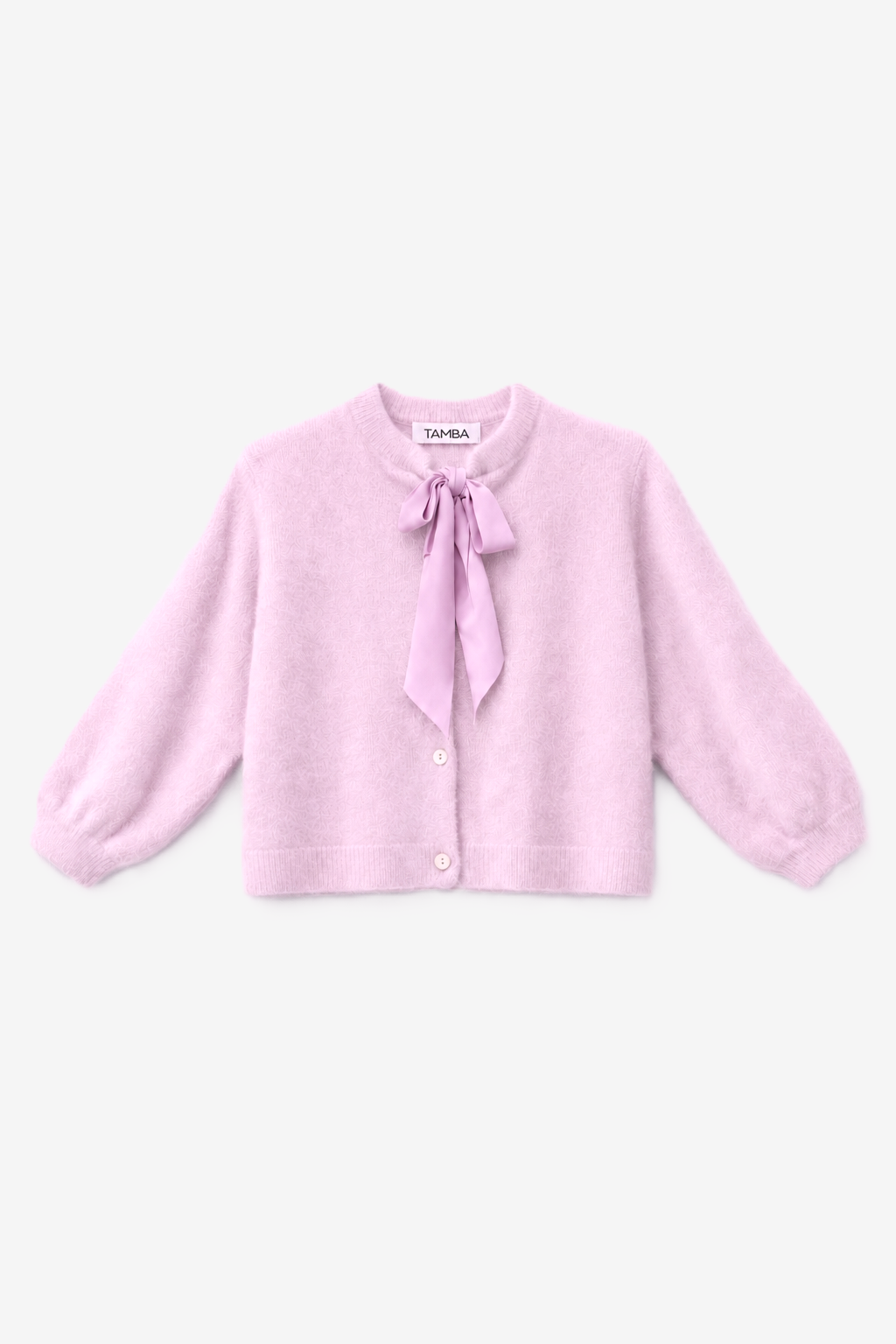 Fuzzy knit cardigan with pussy-bow collar: Lipstick