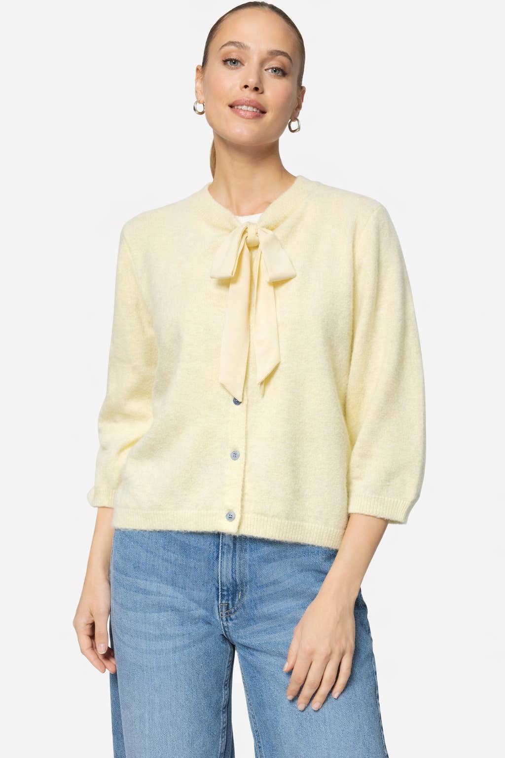 Fuzzy knit cardigan with pussy-bow collar: Lipstick