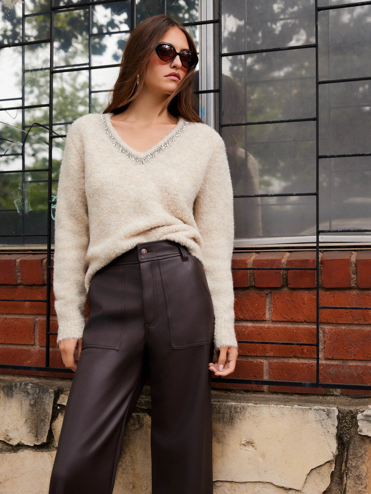 Ash Embellished V-Neck Sweater