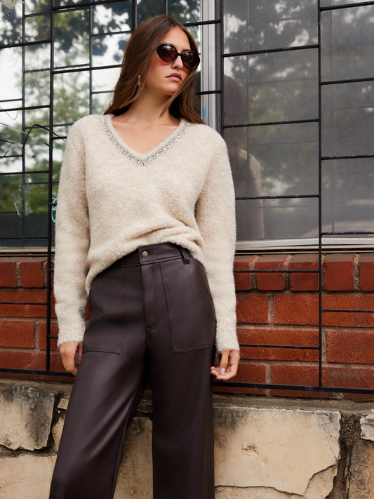 Ash Embellished V-Neck Sweater