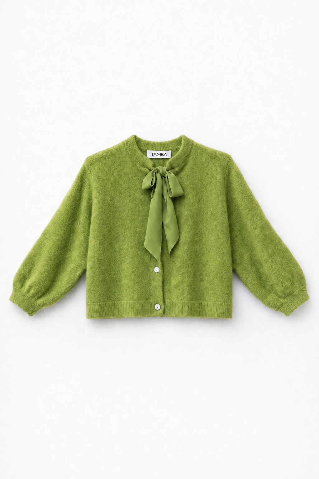 Fuzzy knit cardigan with pussy-bow collar: Lipstick