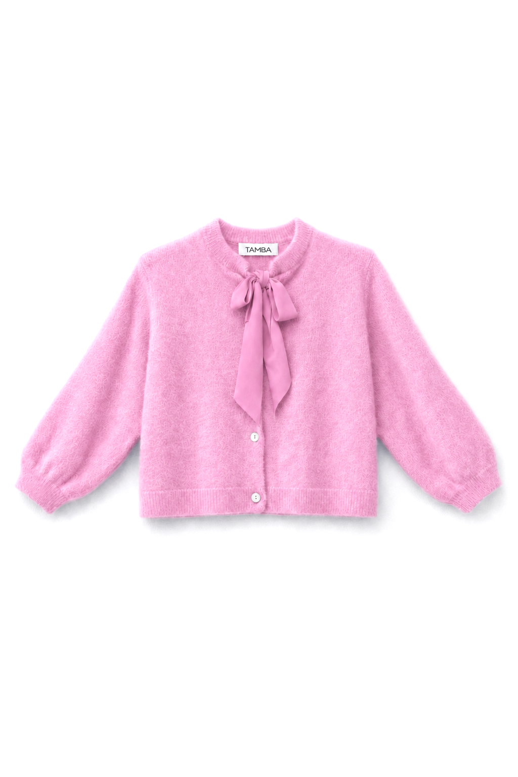 Fuzzy knit cardigan with pussy-bow collar: Lipstick