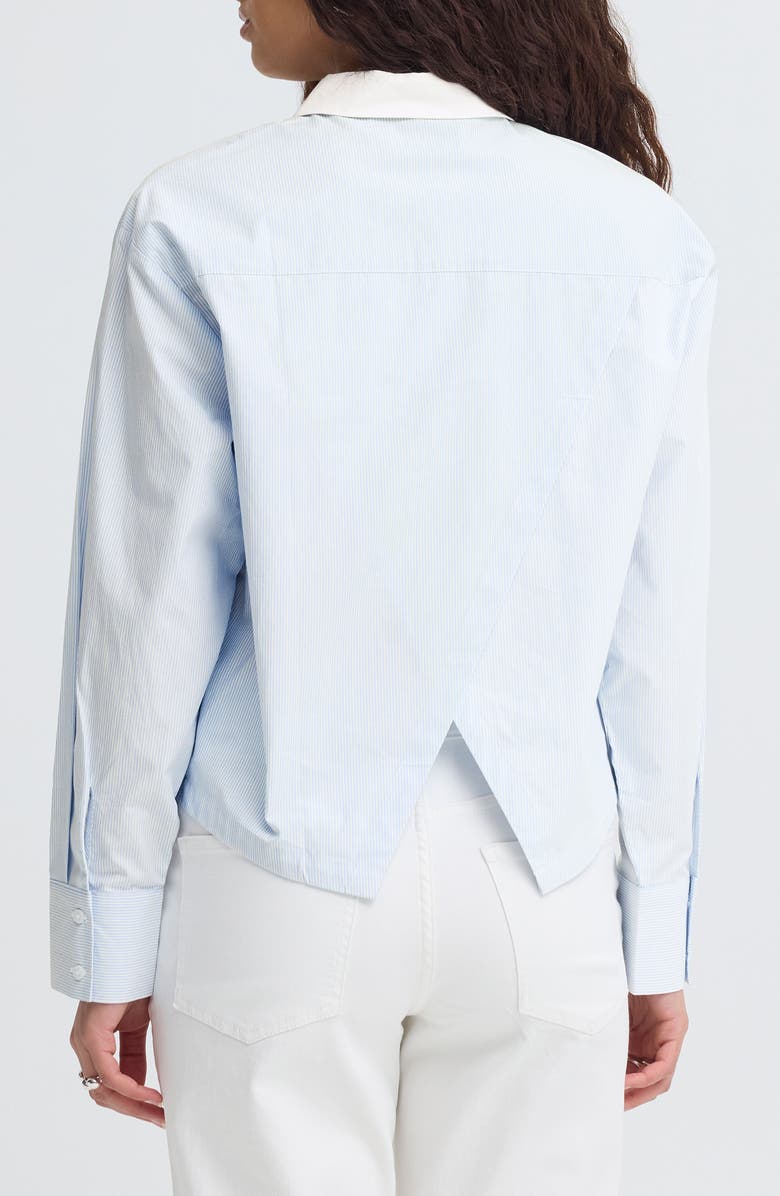 ICHI Stripe Split Hem Crop Cotton Button-Up Shirt