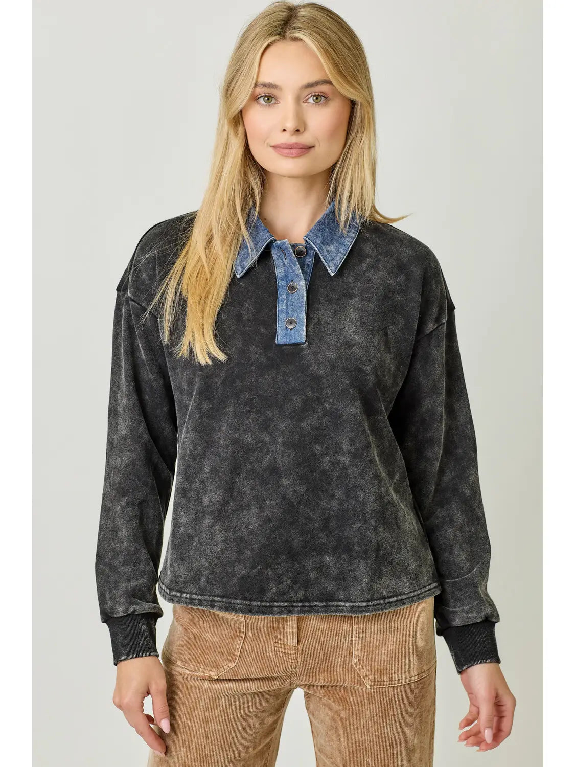 Denim Collar Washed Polo Shirt