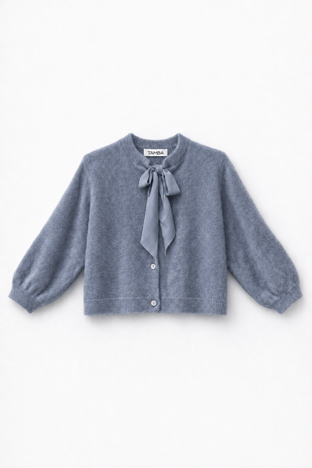 Fuzzy knit cardigan with pussy-bow collar: Lipstick