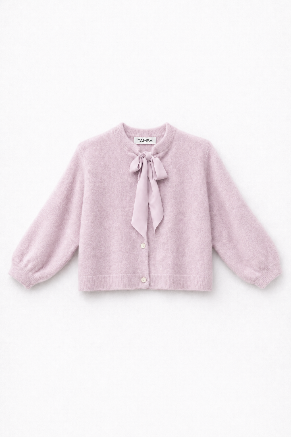 Fuzzy knit cardigan with pussy-bow collar: Lipstick