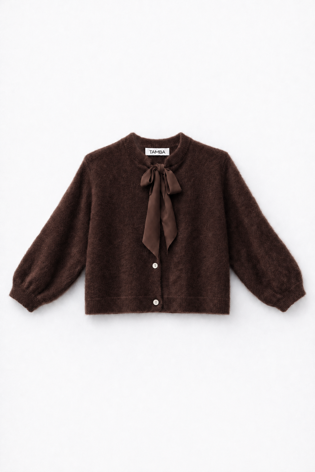 Fuzzy knit cardigan with pussy-bow collar: Lipstick
