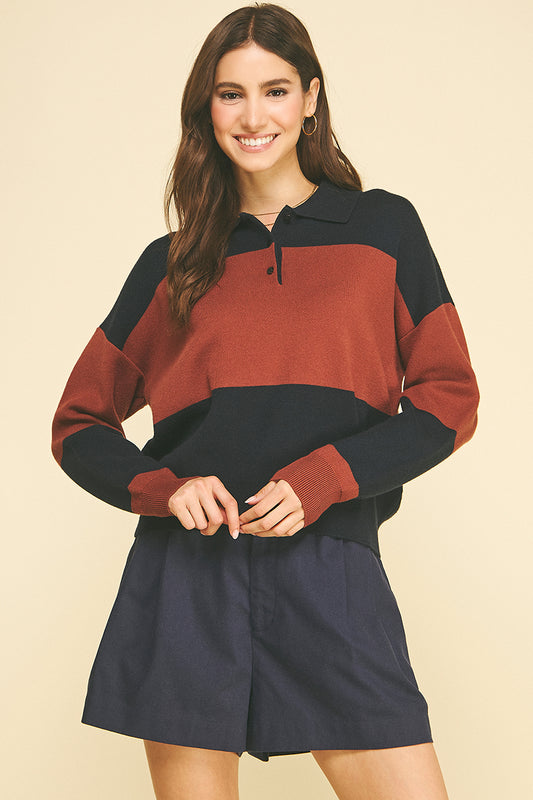 Color Block Knit Polo Sweater