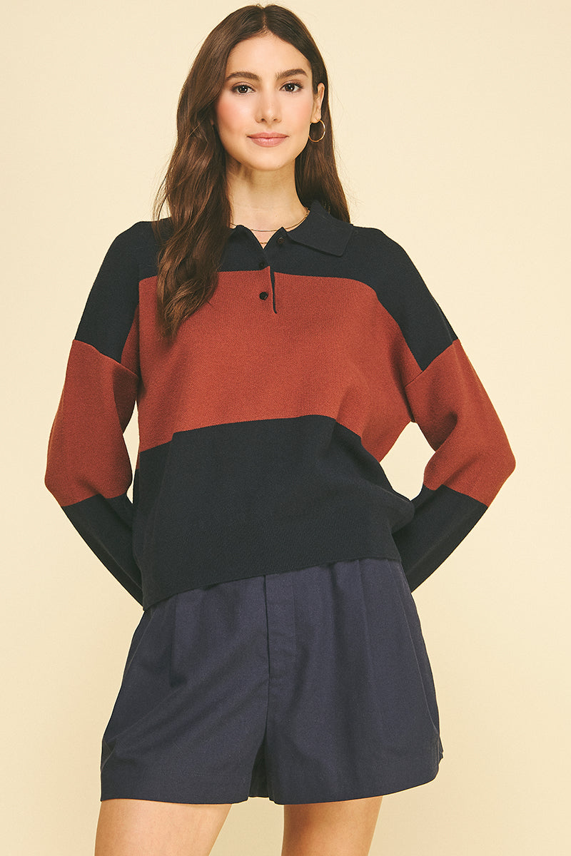Color Block Knit Polo Sweater
