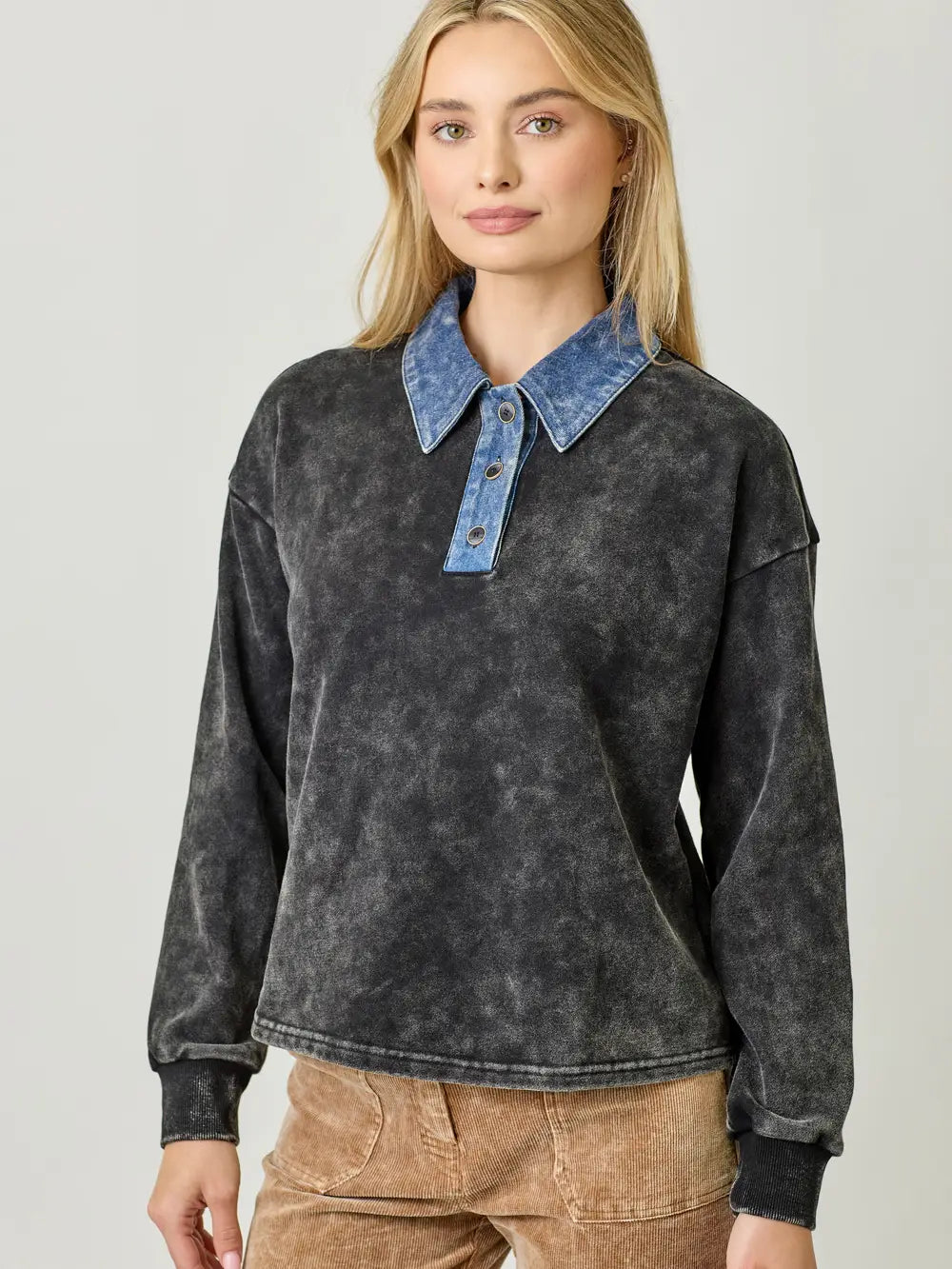 Denim Collar Washed Polo Shirt