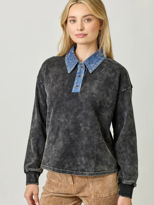 Denim Collar Washed Polo Shirt