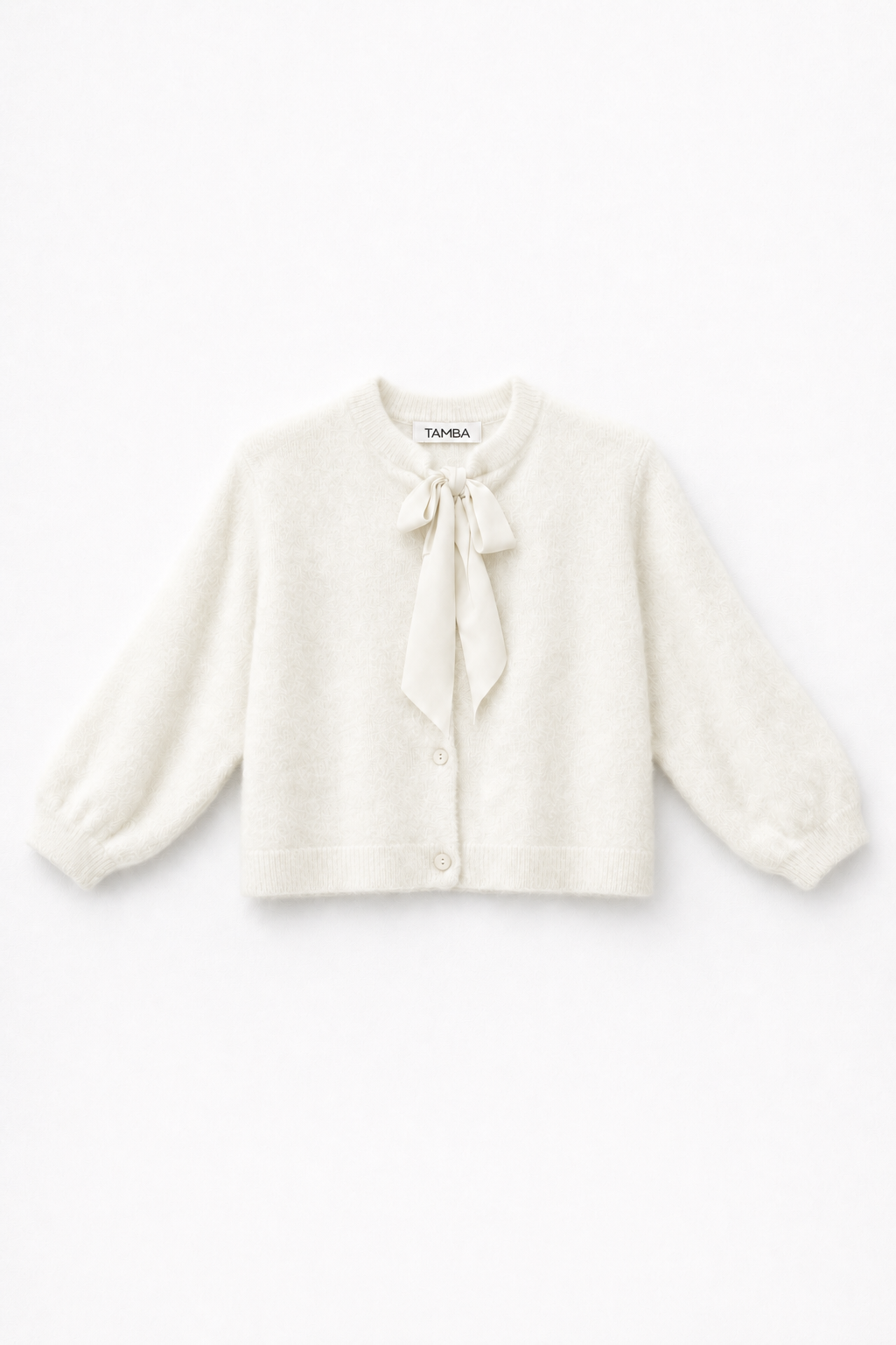 Fuzzy knit cardigan with pussy-bow collar: Lipstick