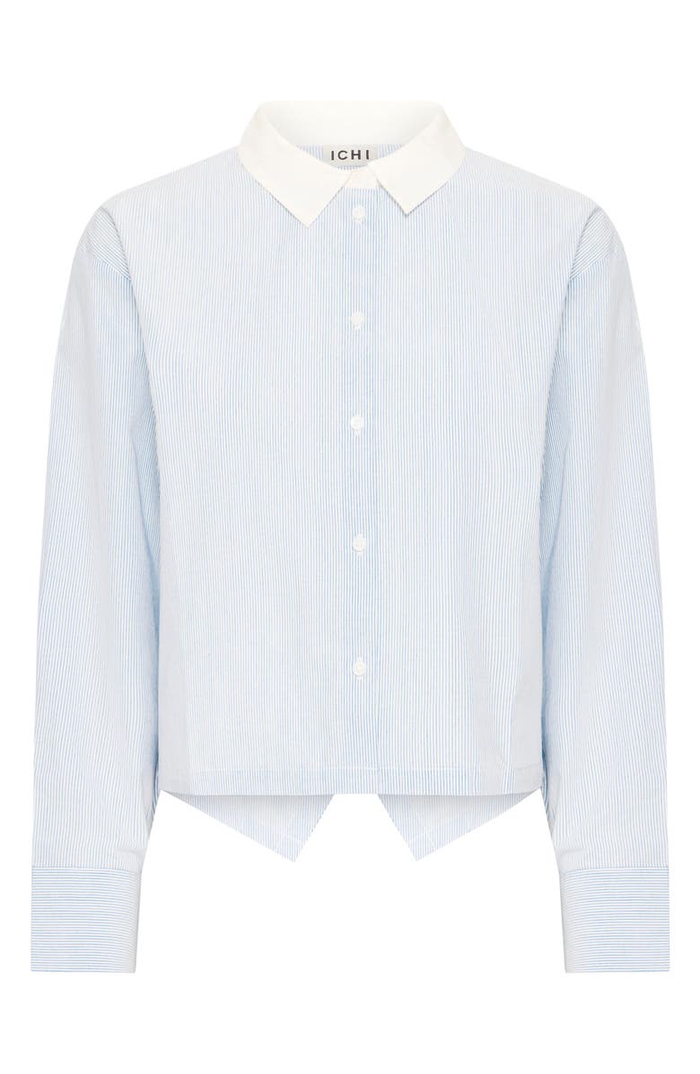 ICHI Stripe Split Hem Crop Cotton Button-Up Shirt
