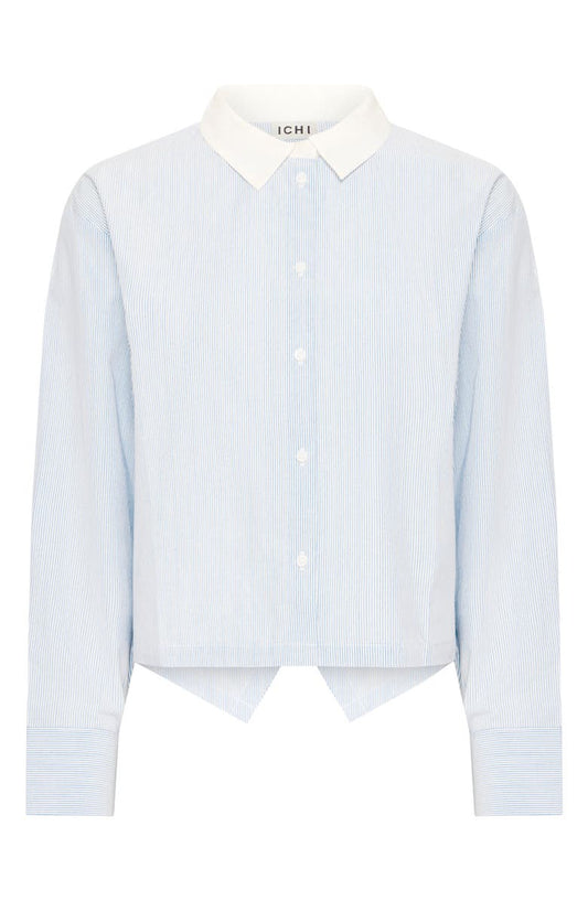 ICHI Stripe Split Hem Crop Cotton Button-Up Shirt