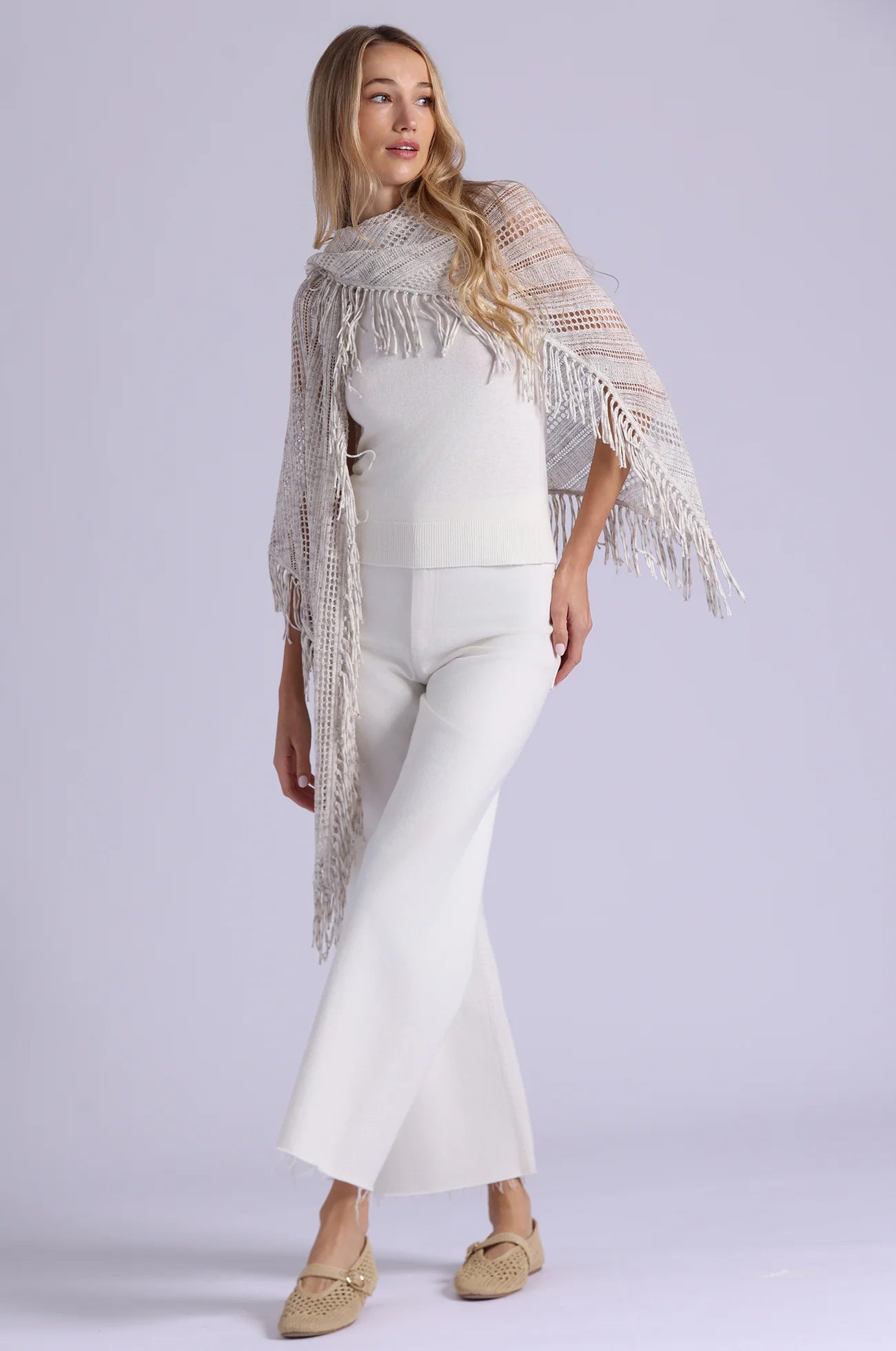 Sequin Pointelle Stripe Fringe Shawl