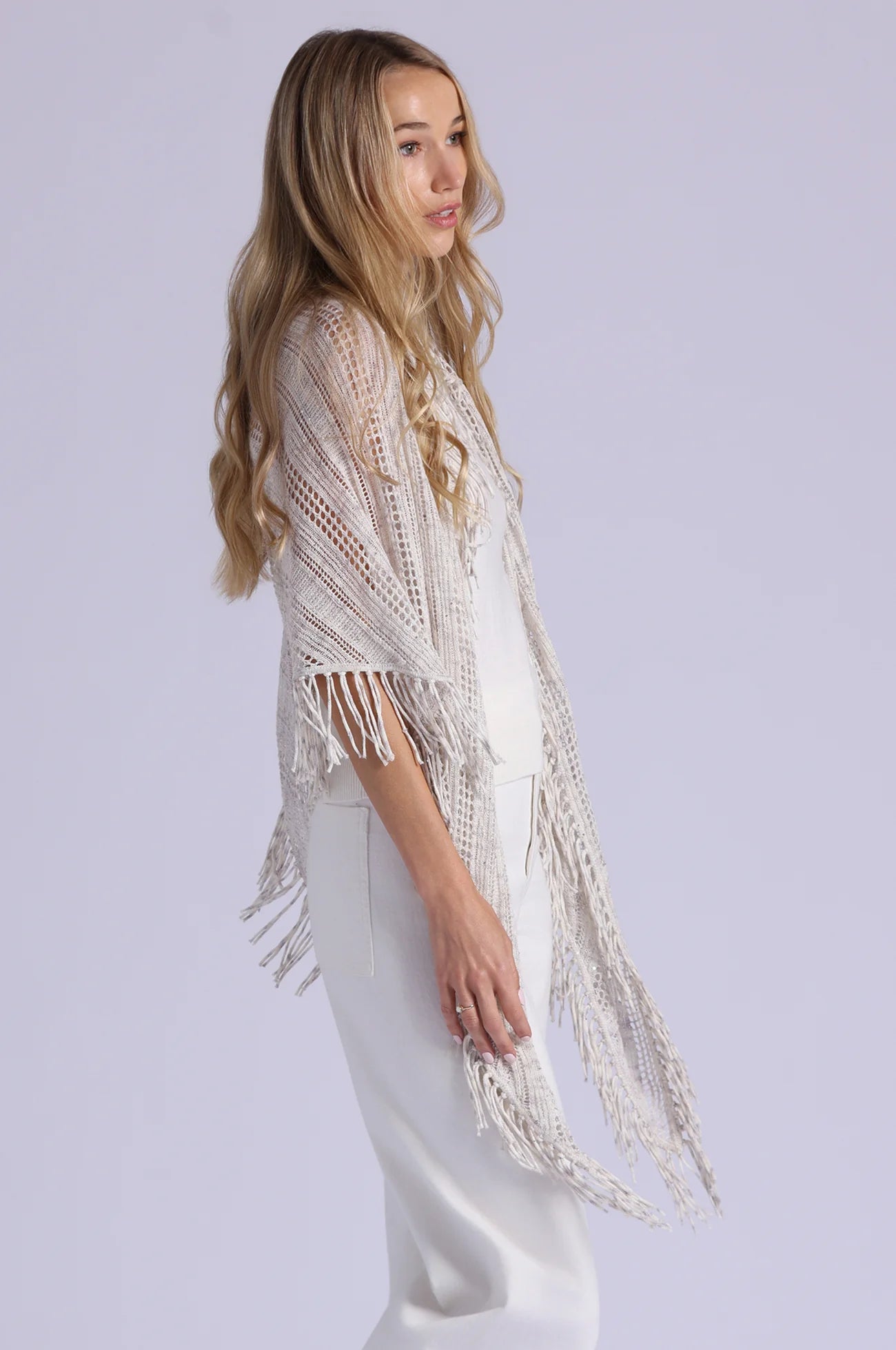 Sequin Pointelle Stripe Fringe Shawl