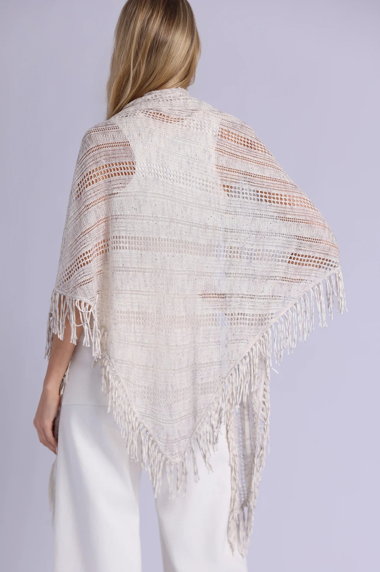 Sequin Pointelle Stripe Fringe Shawl