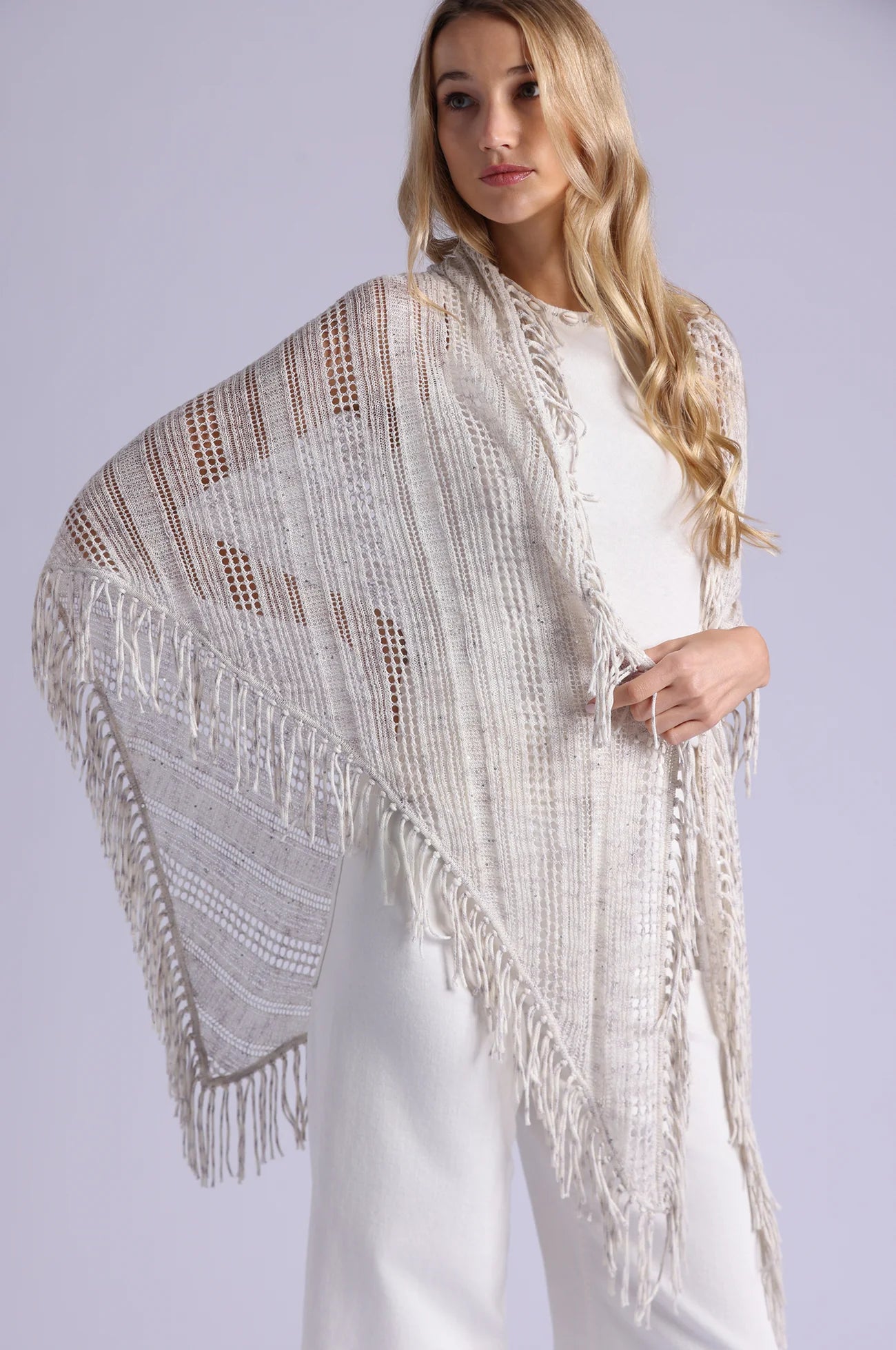 Sequin Pointelle Stripe Fringe Shawl