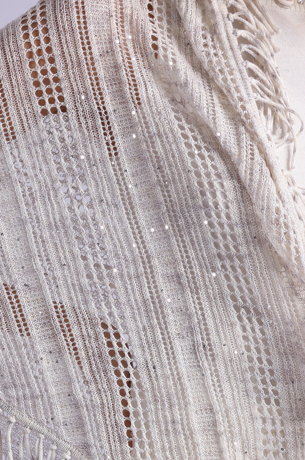 Sequin Pointelle Stripe Fringe Shawl