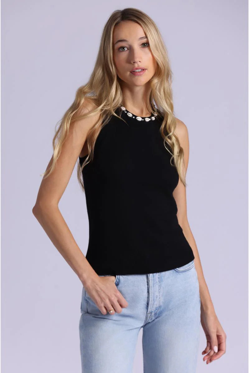Cotton Cashmere Tank With Shell Rhinestone Trim