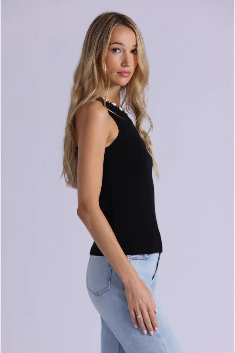 Cotton Cashmere Tank With Shell Rhinestone Trim