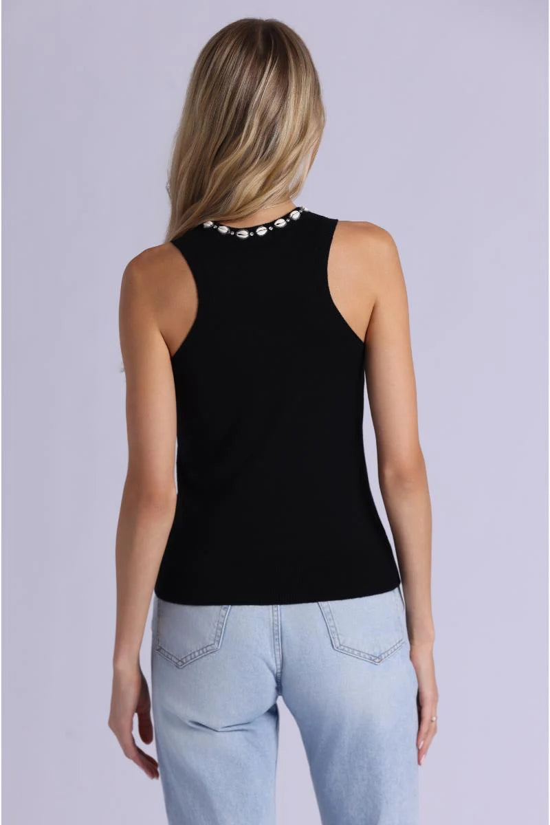 Cotton Cashmere Tank With Shell Rhinestone Trim