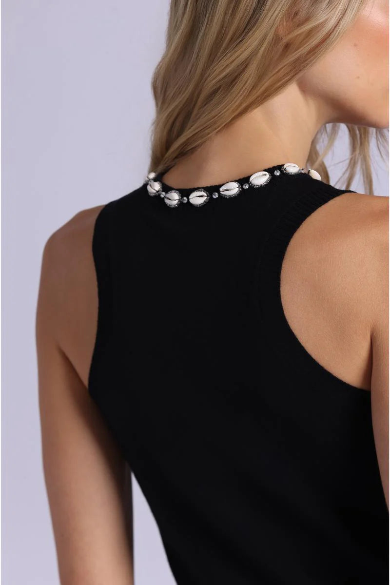 Cotton Cashmere Tank With Shell Rhinestone Trim