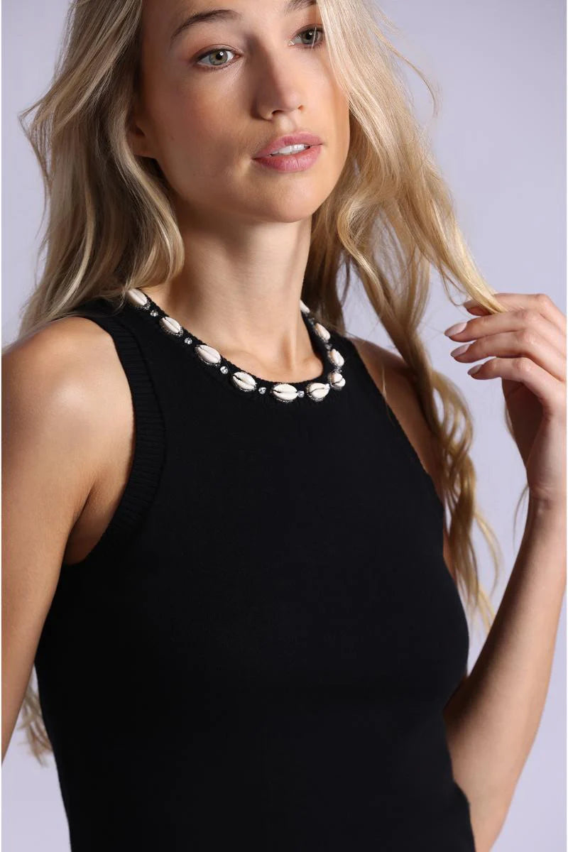 Cotton Cashmere Tank With Shell Rhinestone Trim