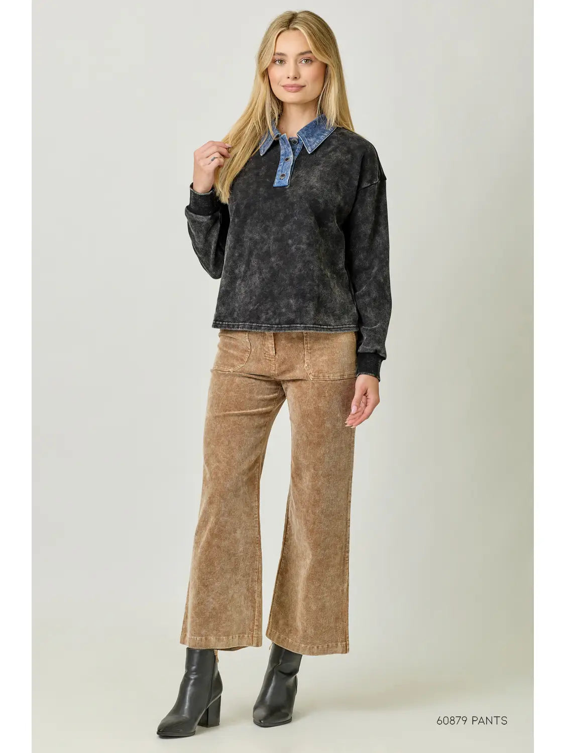 Denim Collar Washed Polo Shirt