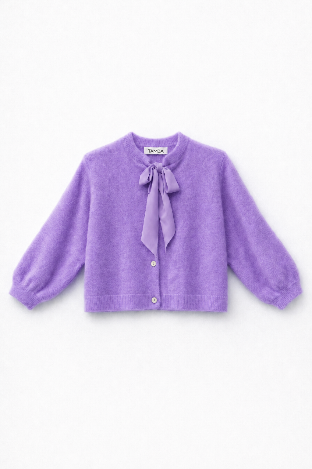 Fuzzy knit cardigan with pussy-bow collar: Lipstick