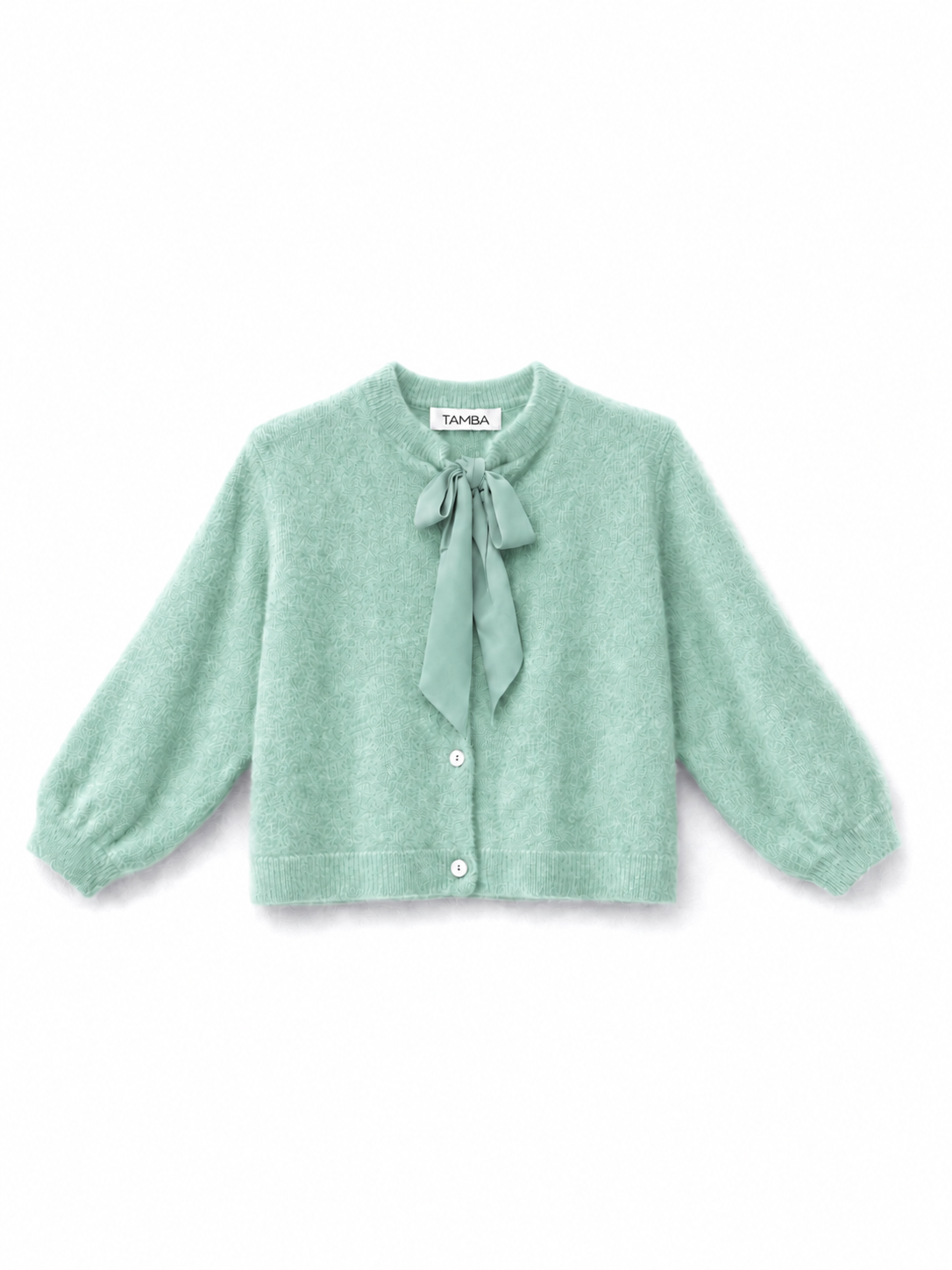 Fuzzy knit cardigan with pussy-bow collar: Lipstick