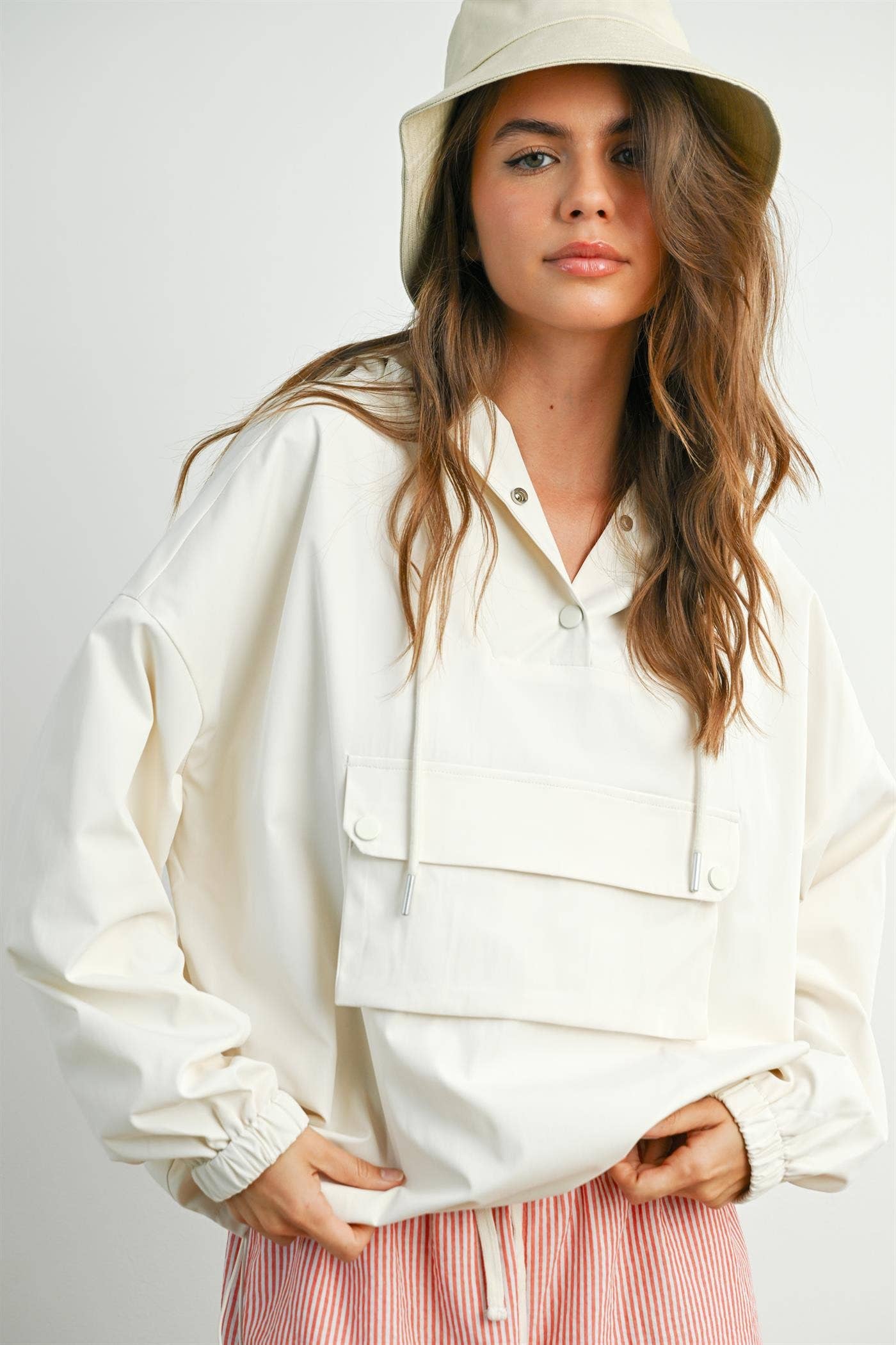 Hooded Pullover Long Sleeve Jacket - BMT7971: IVORY / M