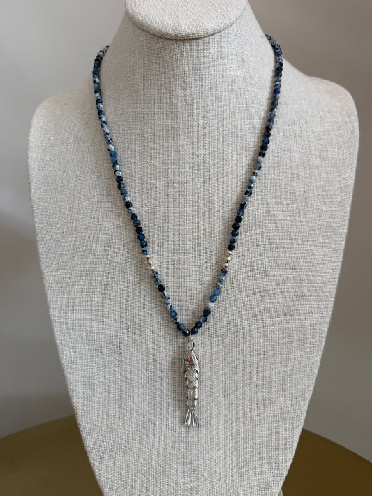 Indigo Bead Silver Fish