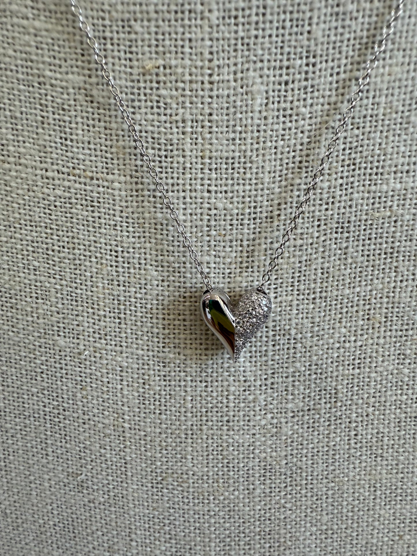 Puff Heart Half CZ Necklace
