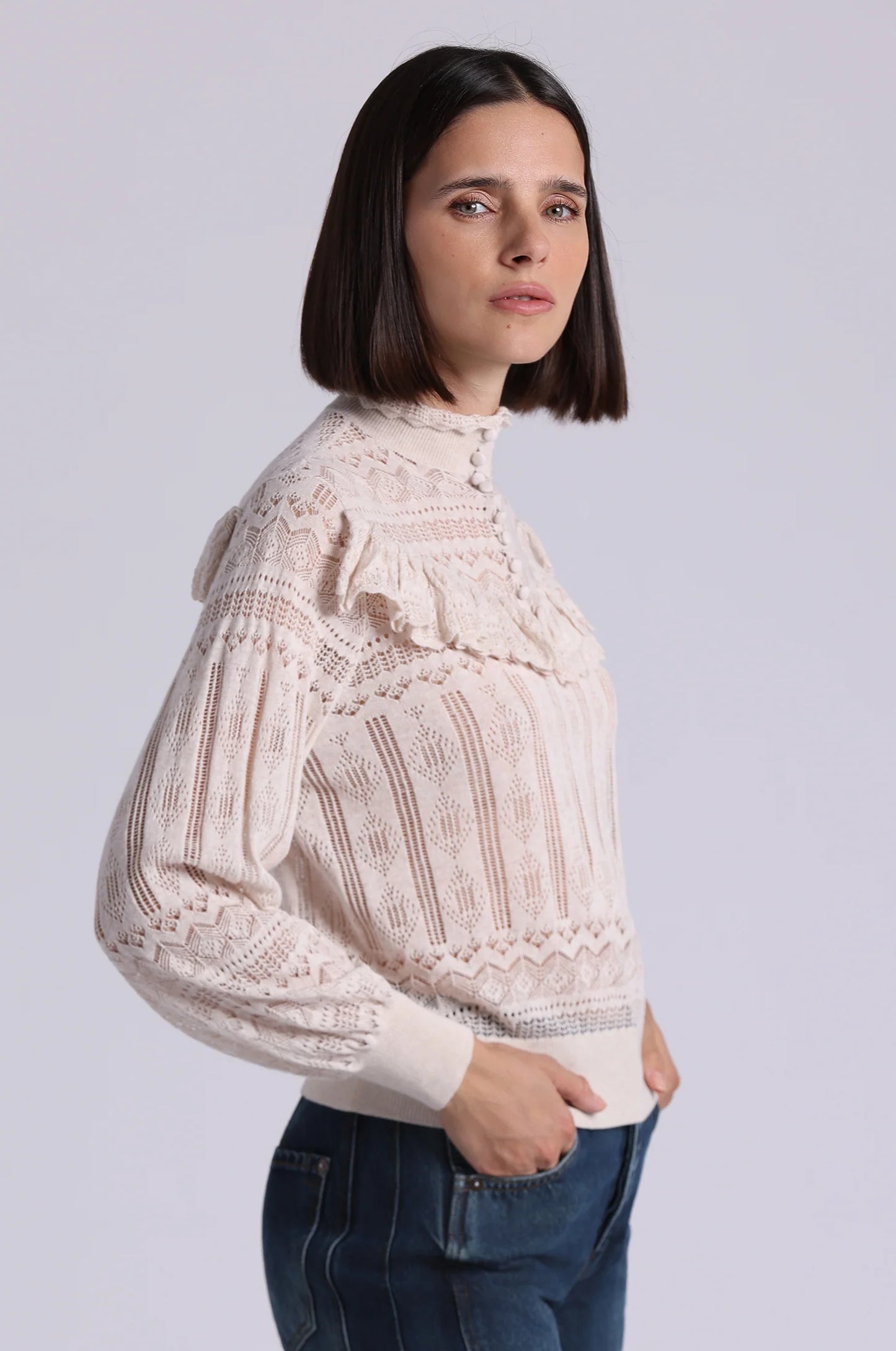 Cotton Blend Mock Neck With Ruffle Detail Lace Top