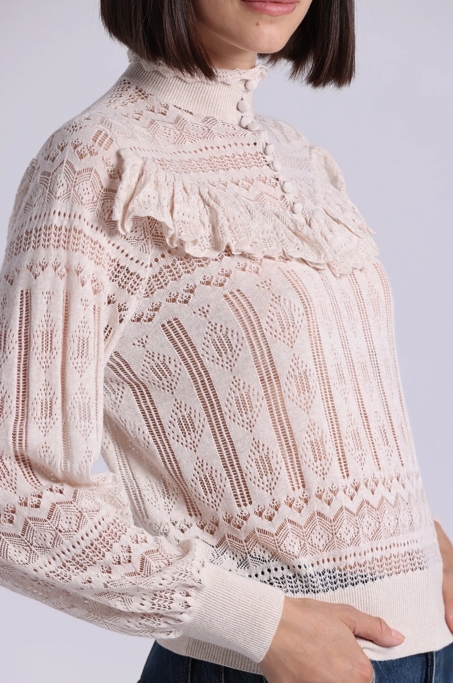 Cotton Blend Mock Neck With Ruffle Detail Lace Top