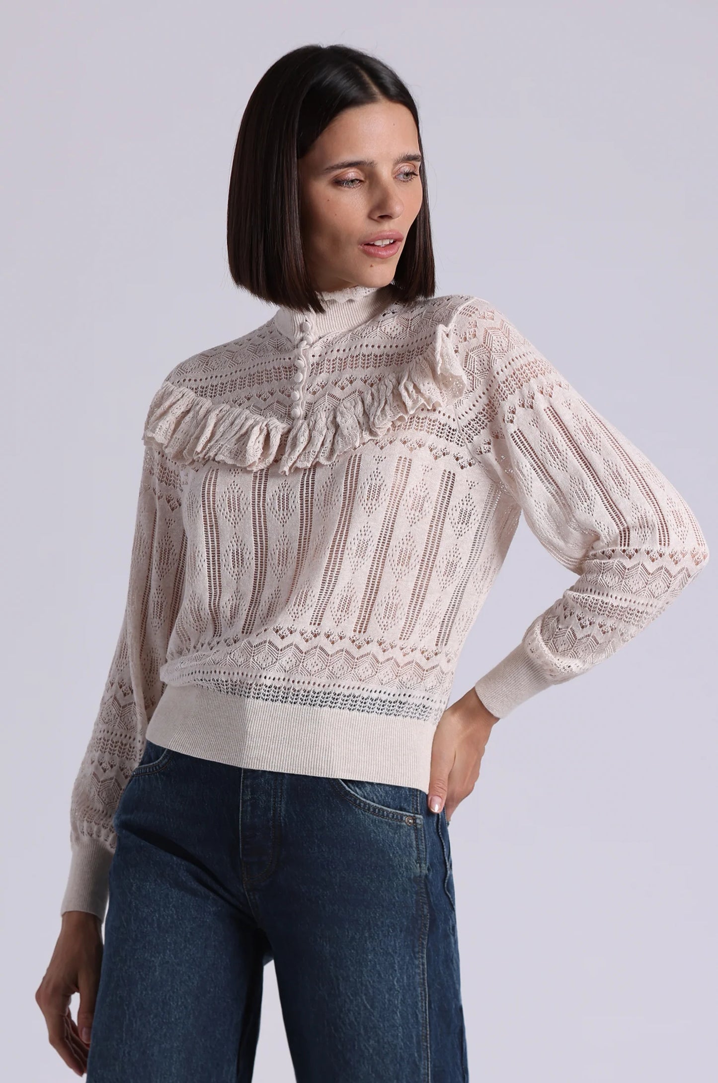 Cotton Blend Mock Neck With Ruffle Detail Lace Top