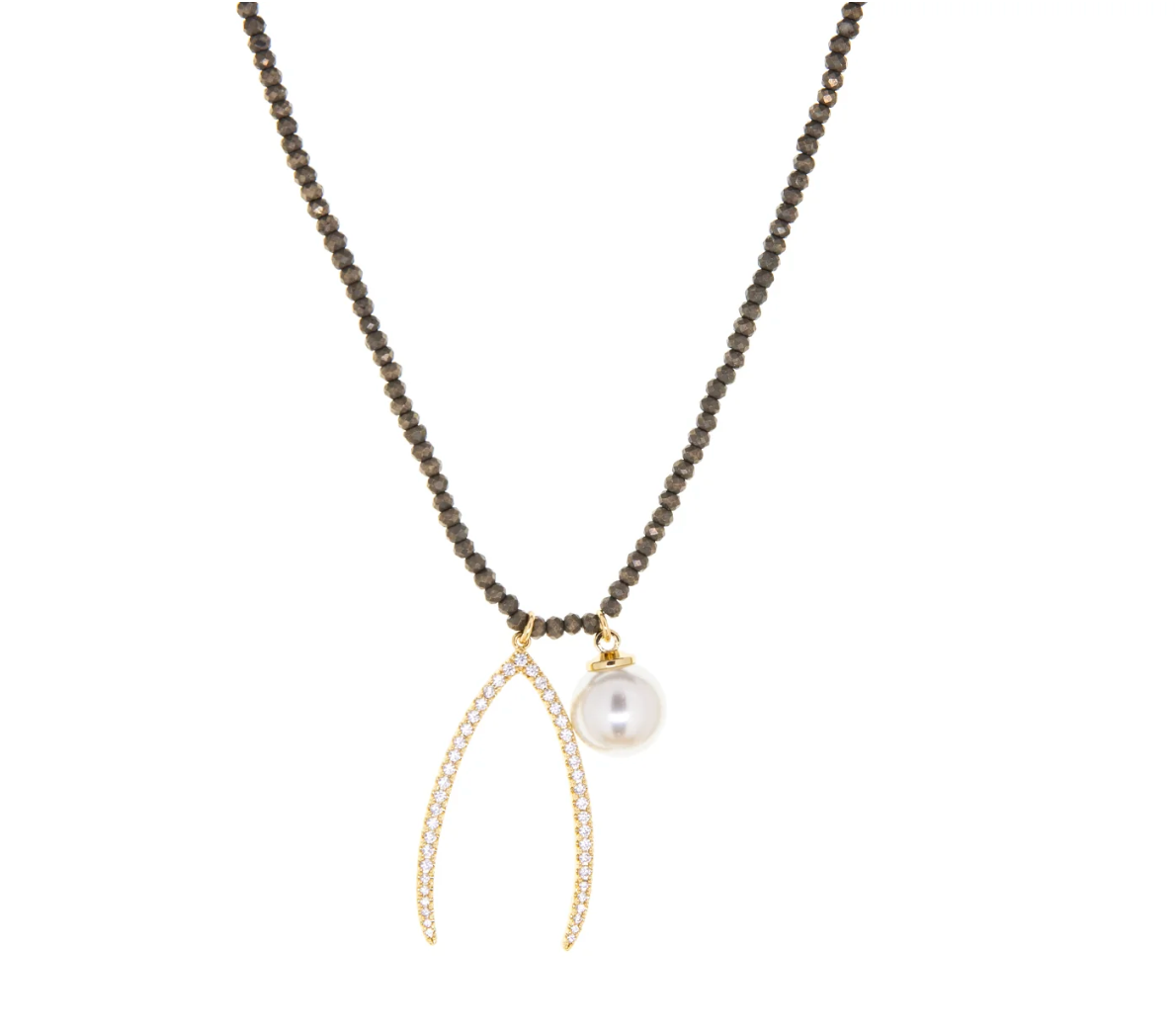 Wishbone + Pearl Necklace Necklace in Pyrite