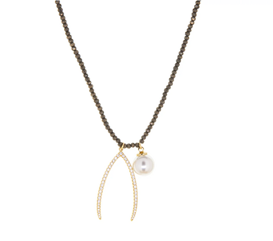 Wishbone + Pearl Necklace Necklace in Pyrite