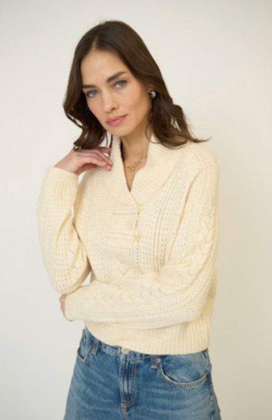 Rayna Shawl Collar Pointelle Cable Pullover
